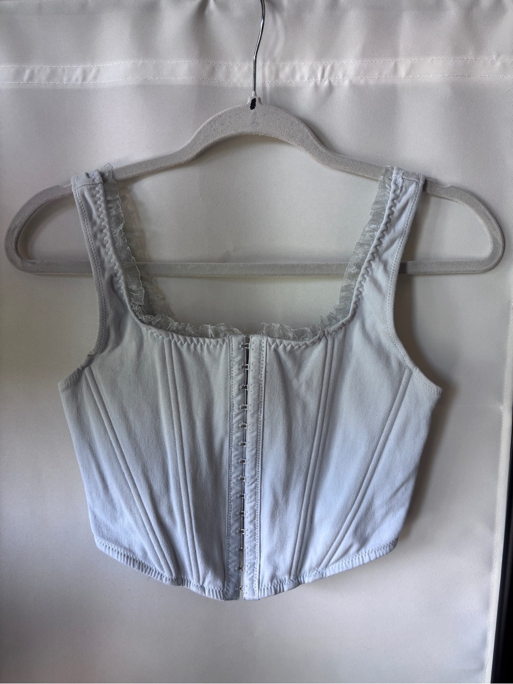 Altar'd State Light Blue Lace-Trim Front Hook Crop Bustier Top